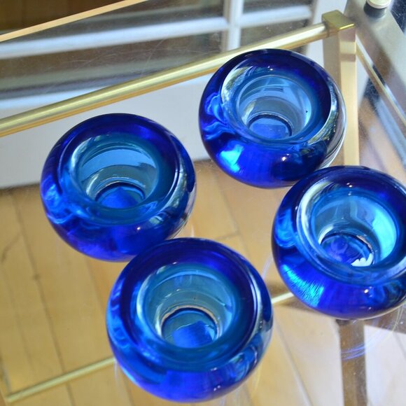 Set of 4 Crate & Barrel Glow Blue Glass Tealight Candle Holders - Picture 2 of 9
